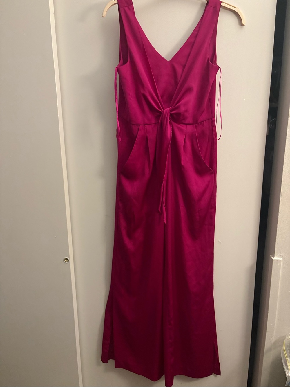 ANTONIO MELANI Fuchsia Satin V-Neck jumpsuit with Front Tie